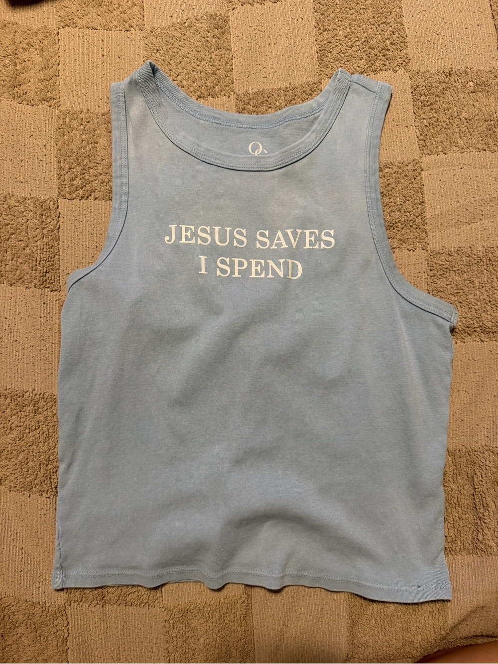 Light Blue Graphic Crop Tank Top - Jesus Saves I Spend